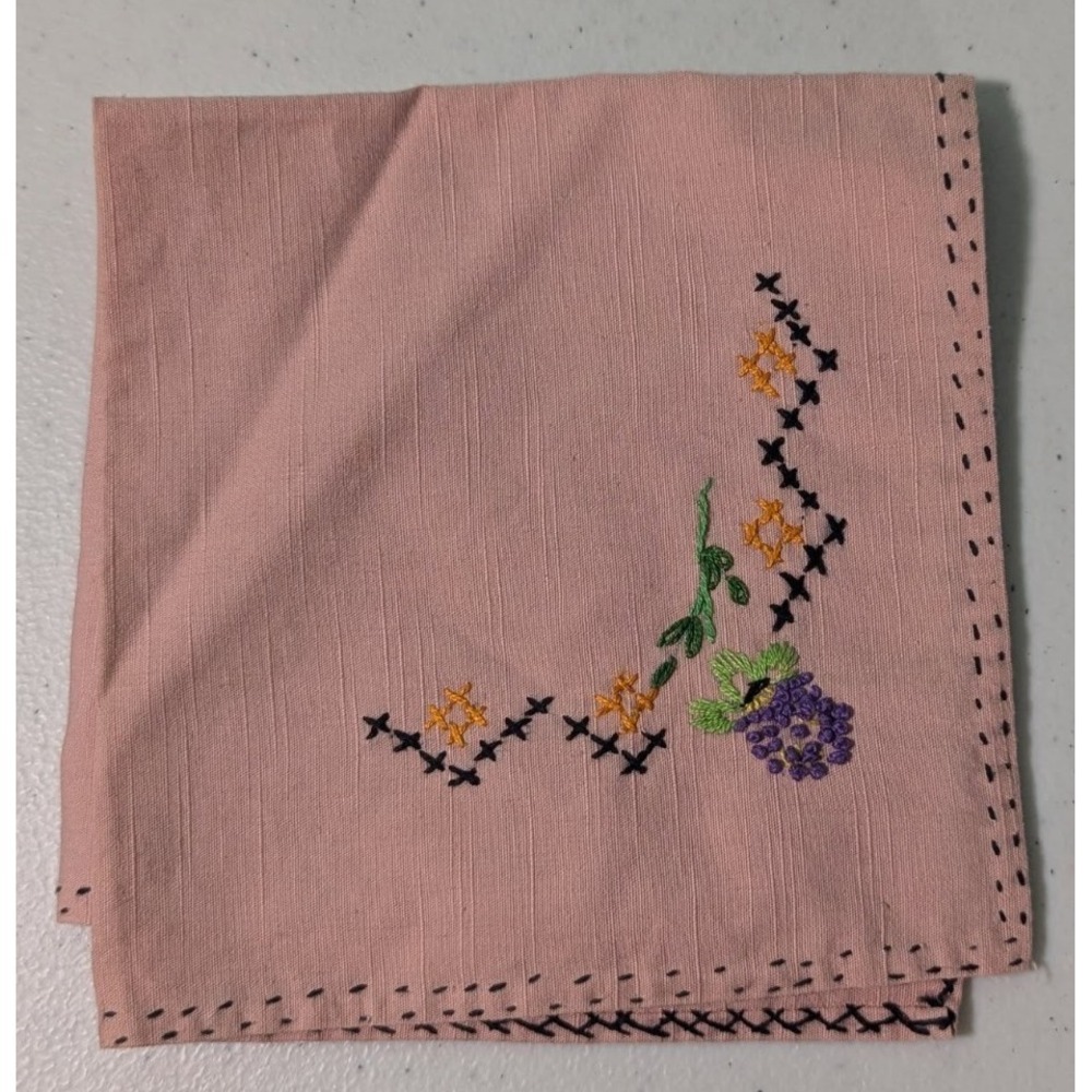 Pink Floral Embroidered Handkerchief Vintage